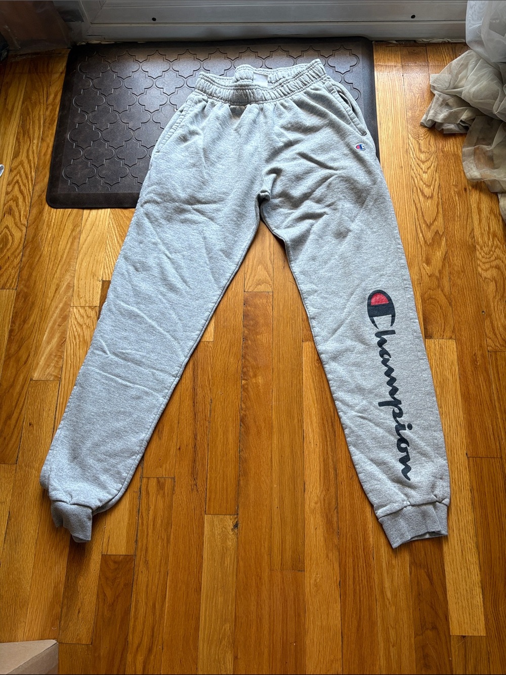 Champion Gray Logo Men's Sweatpants with Script Leg Branding